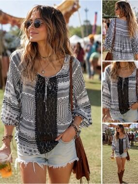 Figueroa & Flower Boho Lace Front Peasant Blouse Black White Print Size M